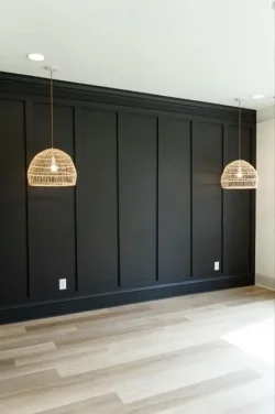 An empty room with a black, paneled wall, two hanging rattan pendant lights, light wood flooring, and two electrical outlets on the wall.